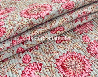 Hand Block Printed Quilted Cotton Fabric: Home Decor Sewing Material By The Yard