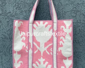 Quilted Cotton Tote Bag: Large Hand-Printed Travel Shopping Bag