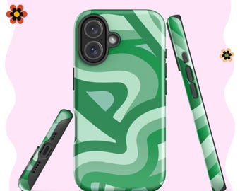 Samsung Tough Phone Case – Retro Groovy Wavy Green Design, Unique Samsung Case, 70s-Inspired Protective Phone Cover