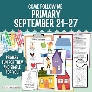 Könnte beinhalten: Eine Sammlung von pädagogischen Arbeitsblättern mit dem Titel COME FOLLOW ME PRIMARY SEPTEMBER 21-27. Das Set enthält eine Schnitzeljagd, Ausmalbilder mit Häusern, einen Türhänger mit dem Text JESUS GIVES ME REFUGE FROM THE STORM und Buntstifte.