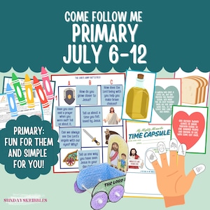 Può includere: Una raccolta di schede didattiche religiose e lavoretti con il testo Come Follow Me Primary July 6-12, Sunday Skribbles e Primary: Fun for them and simple for you, con illustrazioni di pastelli, una bottiglia d'olio e del pane.
