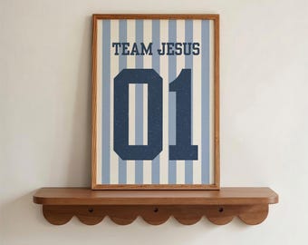 Team Jesus Print Blue Christian Artwork, Vintage Sports Wall Print, Little Boys Room Decor, Vintage Nursery Wall Art