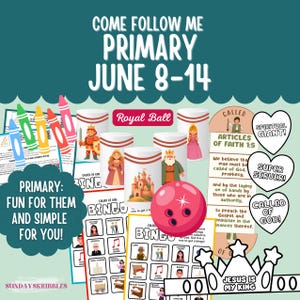 以下が含まれることがあります： COME FOLLOW ME PRIMARY JUNE 8-14と題されたデジタルアクティビティシートセット。ビンゴカード、ピンクのボウリングボール、クレヨン、SPIRITUAL GIANTやCALLED OF GODといったテキストが書かれたハート型のラベル、そしてJESUS IS MY KINGと書かれた王冠のグラフィックが含まれています。