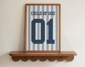 Child Of God Print Blue Christian Artwork, Vintage Sports Wall Print, Little Boys Room Decor, Vintage Nursery Wall Art