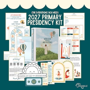 May include: A 2027 Primary Presidency Kit featuring a central binder with the text 'With God all things are possible' and an illustration of Jesus. The kit includes various printed organisational sheets, schedules, game boards, and cards with colourful graphics, religious themes, and text.