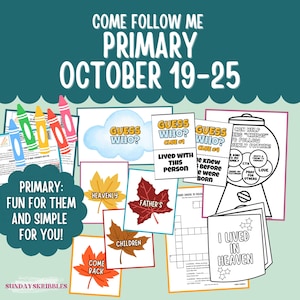 Op de afbeelding: Een verzameling printbare educatieve werkbladen voor kinderen met de tekst COME FOLLOW ME PRIMARY OCTOBER 19-25, GUESS WHO, HEAVENLY FATHER'S CHILDREN, COME BACK en I LIVED IN HEAVEN, samen met kleurrijke kleurpotloodillustraties.