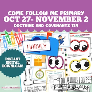 Puede incluir: Un gráfico de descarga digital con el texto "Come Follow Me Primary" y "Oct 27-November 2". El diseño incluye un buzón azul, crayones y varias hojas de actividades. También son visibles las palabras "Instant Digital Download".