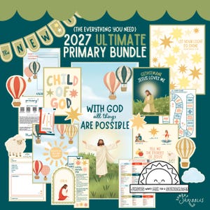Peut inclure: Un ensemble éducatif 2027 Ultimate Primary Bundle comprenant des affiches religieuses avec des textes comme With God All Things Are Possible, Jesus Loves Me et Let Your Light So Shine, ainsi que des illustrations de montgolfières et de moutons.