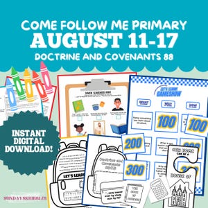 Puede incluir: Un conjunto de materiales educativos imprimibles para el programa "Come Follow Me Primary", que incluye juegos, búsquedas del tesoro y hojas de actividades. El diseño presenta crayones coloridos, texto e ilustraciones.