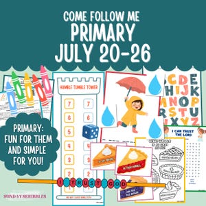 Może przedstawiać: Zbiór edukacyjnych arkuszy ćwiczeń zatytułowany COME FOLLOW ME PRIMARY JULY 20-26. Zawiera grę Humble Tumble Tower, dziecko w żółtym płaszczu przeciwdeszczowym z parasolem, tablice alfabetu, ilustracje ciast oraz wykreślanki słowne.
