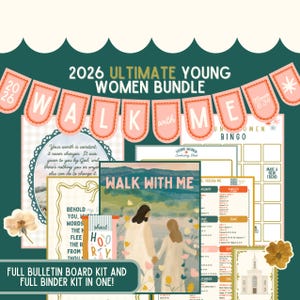 Op de afbeelding: Een bundel Young Women-materialen met een banner met de tekst "WALK WITH ME". Het ontwerp bevat een kalender, bingokaarten en een prikbordkit. De tekst "2026 ULTIMATE YOUNG WOMEN BUNDLE" staat bovenaan.