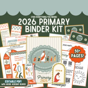 Puede incluir: Un kit de carpeta primaria 2026 con más de 50 páginas, con varios imprimibles. Incluye páginas para el Día Feliz del Bautismo, música, juegos y organización del aula. El kit es un PDF editable.