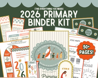 Könnte beinhalten: Ein 2026 Primary Binder Kit mit über 50 Seiten, das verschiedene Druckvorlagen enthält. Enthält Seiten für den Happy Baptism Day, Musik, Spiele und Klassenorganisation. Das Kit ist ein bearbeitbares PDF.