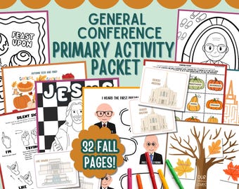 May include: A General Conference Primary Activity Packet featuring 32 fall pages with various worksheets, including coloring sheets, temple illustrations, and sign language guides, accompanied by four colored markers in pink, orange, red, and green.