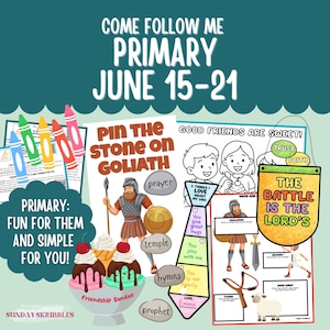Primär 15-21 juni Primär lektionsplan Utskrivbar LDS Kom och följ mig 2026 Primär idéer 21 juni LDS Fars dag David och Goliat