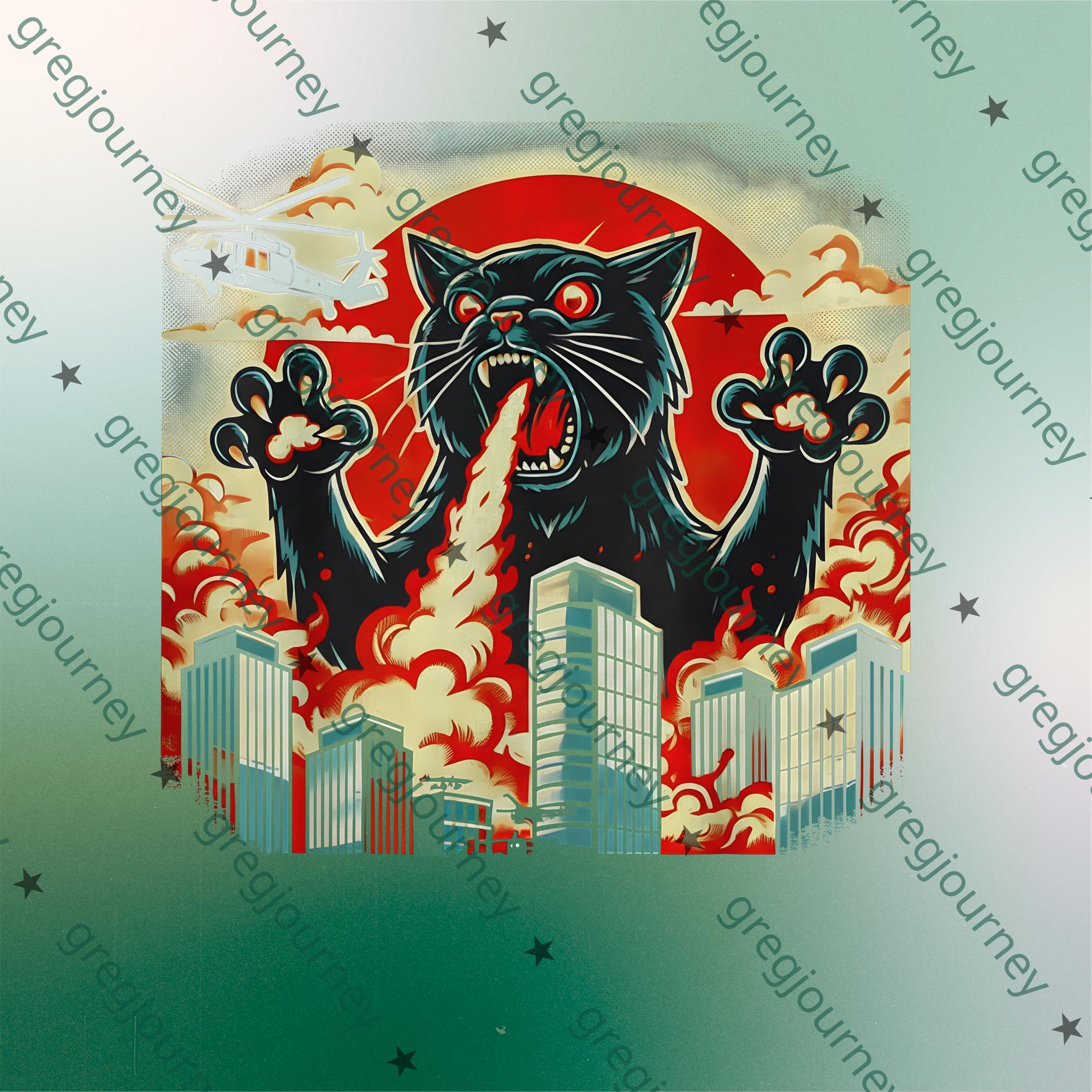 Catzilla Vintage Png, Retro Japanese Movie Postersublimation, Funny Cat ...