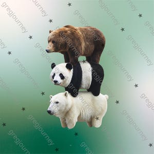 May include: A whimsical image features three bear figures stacked on top of each other. A brown bear stands atop a panda bear, which is balanced on a polar bear. The background is a gradient of green and white with star accents.