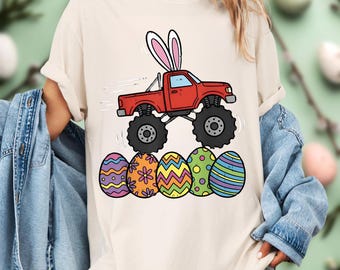 Camiseta divertida de Pascua con diseño de camión monstruo y huevos de Pascua, camiseta gráfica de moda, regalo para él/ella.