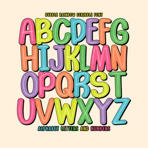 May include: A colorful alphabet chart featuring bubble letters in a rainbow of hues. Each letter is outlined in black with a white interior line, set against a cream background. The text at the top reads "Bubble Rainbow Scribble Font" and the bottom text says "Alphabet Letters and Numbers."