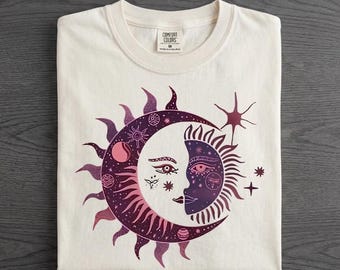 Crescent Moon Sun Shirt, Boho Celestial Graphic Tee, Cottagecore Floral Hoodie, Vintage Sun Moon Sweatshirt
