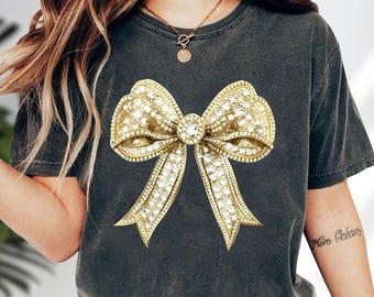 Sparkly Gold Bow Shirt (Not Real Rhinestone), Y2k Coquette Tee, Womens Bow Hoodie, Rhinestone Printed Sweatshirt