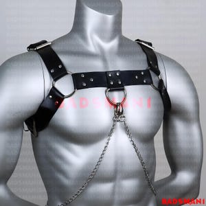 May include: Black leather chest harness with silver-tone metal hardware, including rings and a chain. The harness features adjustable straps and is designed to be worn over the chest. The image includes the text "BADSMANI".