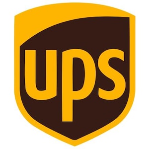 May include: The UPS logo features a shield shape with a brown background and a gold border. The letters "ups" are in gold, and the overall design is simple and recognizable.