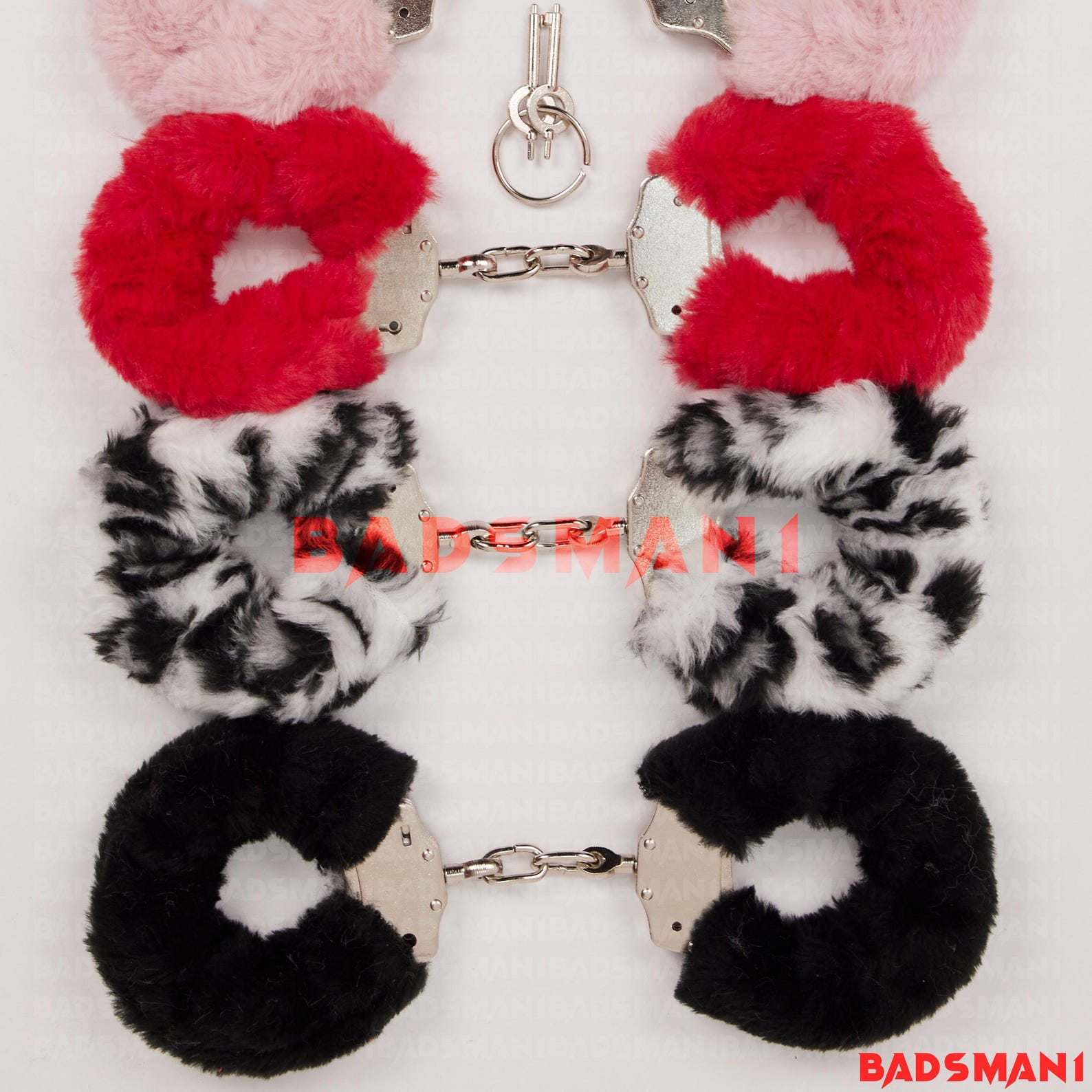 Red, pink, leopard, and black furry handcuffs for BDSM restraints, bondage wear, and beginner bondage play.