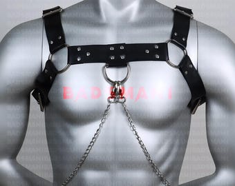 Imbracatura da petto in pelle da uomo con catene staccabili, imbracatura per bulldog, accessorio per il corpo in vera pelle su misura, vera pelle, imbracatura per bulldog