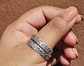 Floraler gravierter Doppelbandring | 925 Sterling Silber Boho Ring für Frauen | Handmade Vintage Blumen Band | Silber Ring Geschenk für sie