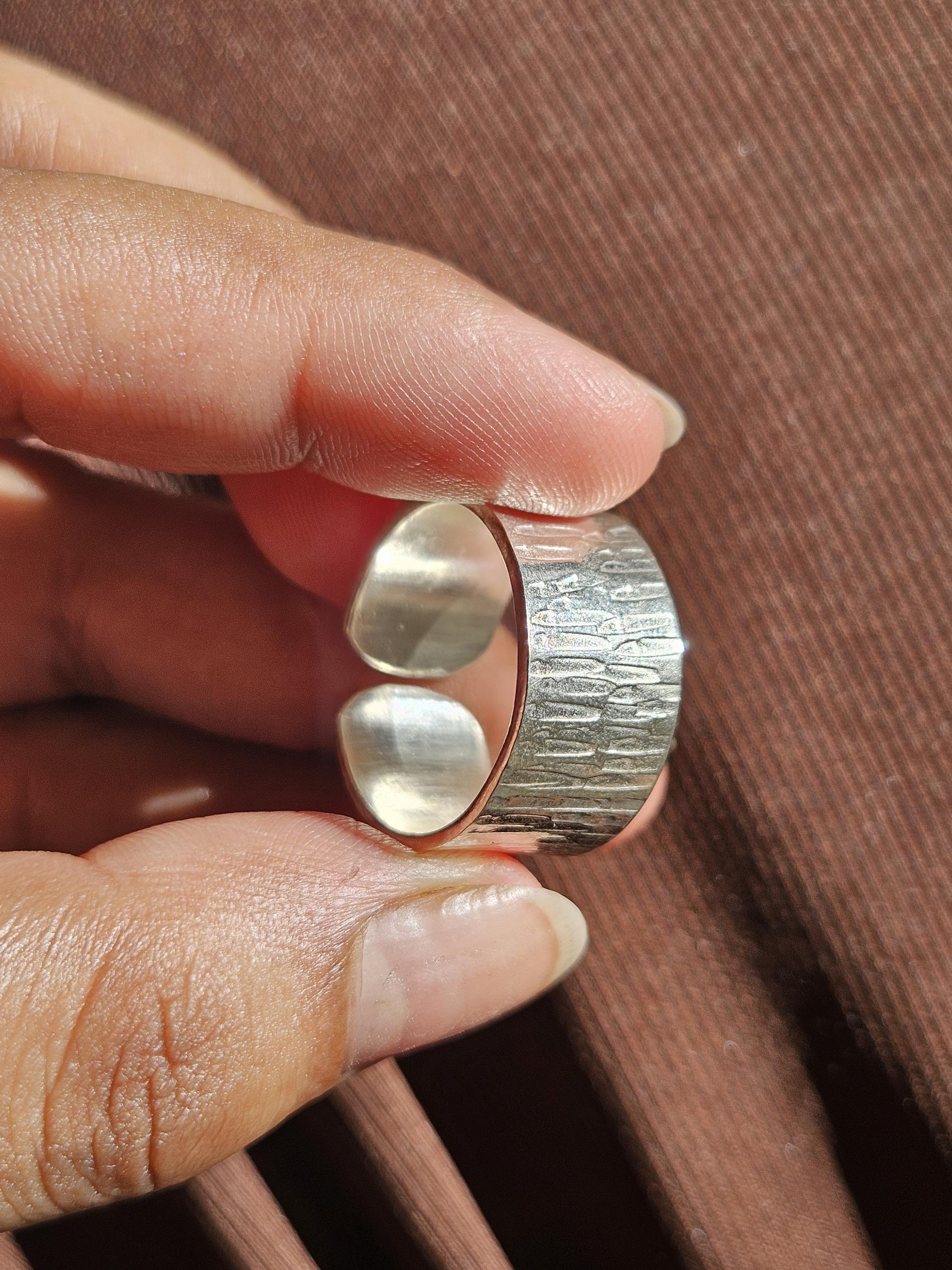 Adjustable Sterling Silver Wide Band Ring: Rustic Bark Texture