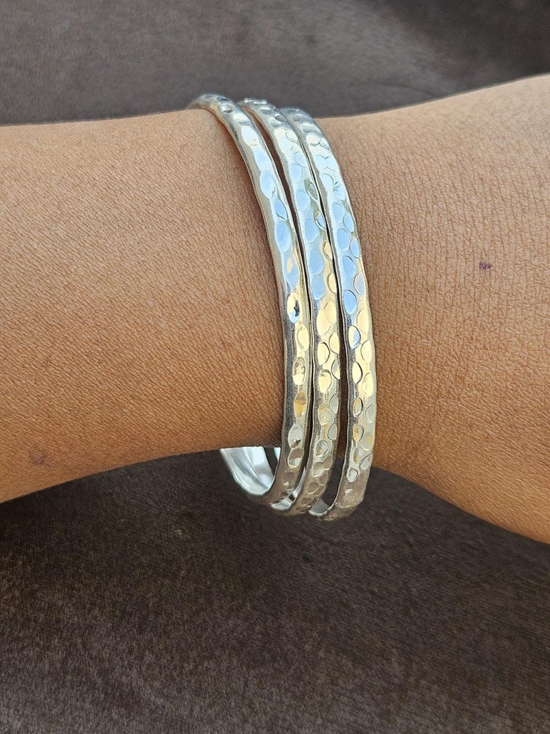925 Sterling Silver Hammered Bangle Set - Minimalist Stacking Bangles - Boho Silver Jewelry - Handmade Gift for Her - Mother's Day Gift image 2