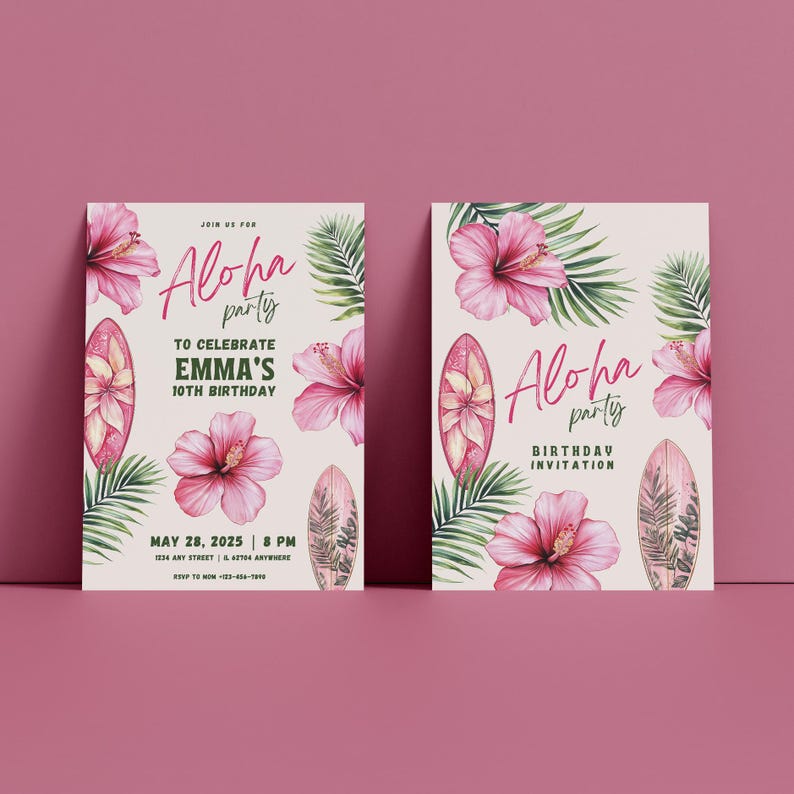 Hawaii Birthday Invitation, Digital Template, Aloha, Aloha Party, Luau, Tropical, Birthday Invitation, Girl, Hawaii Birthday, Birthday Party with Flowers, Hawaii Party at Home, Birthday Invitation Hawaii Evening, Tropical Theme Birthday, Tropical Party, Aloha Birthday, Hawaii Ideas, Birthday Party at Home, Perfect Birthday Party, Unforgettable Hawaii Party, Hawaii Feeling at Home, Fun and Entertainment, Laugh and Relax Together, Surfing Theme, Tropical Theme, Hawaii Theme Birthday