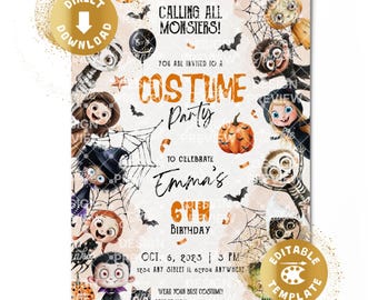 Halloween Costume Party Birthday Invitation Digital Spooky Dress Up Halloween Mummy Hero Witch Spooktacular Personalized Canva Template