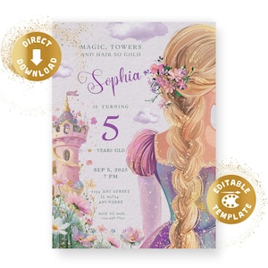 Könnte beinhalten: Eine Geburtstagseinladungskarte mit einer blonden Figur mit langem, mit Blumen geschmücktem Zopf, einem rosafarbenen Turm und violetten Wolken. Der Text lautet: MAGIC, TOWERS AND HAIR SO GOLD, Sophia IS TURNING 5 YEARS OLD, SEP 8, 2025 7 PM.