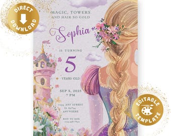 Può includere: Un biglietto d'invito per compleanno con un personaggio biondo con una lunga treccia decorata con fiori, una torre rosa e nuvole viola. Il testo recita: MAGIC, TOWERS AND HAIR SO GOLD, Sophia IS TURNING 5 YEARS OLD, SEP 8, 2025 7 PM.