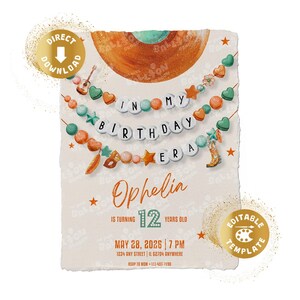 May include: A birthday invitation with a bohemian theme. The invitation features the text "In My Birthday Era" and "Ophelia is turning 12 years old". The design includes decorative elements like stars, hearts, and a guitar. The date and time of the party are also included.