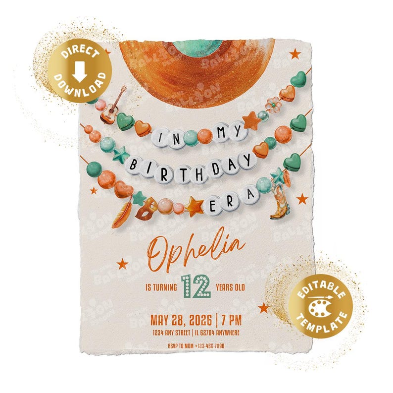 May include: A birthday invitation with a bohemian theme. The invitation features the text "In My Birthday Era" and "Ophelia is turning 12 years old". The design includes decorative elements like stars, hearts, and a guitar. The date and time of the party are also included.