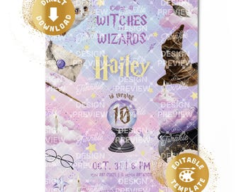 Wizard Birthday Invitation Purple Pink Digital Witches Sorcery Magic School Magical Birthday Invite Girls Gold Personalized Canva Template