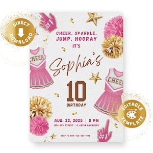 Cheerleader Geburtstag Einladung Digital Cheer Geburtstagsparty Pink Gold Tailgate Game Tween Teen Tanzparty Personalisiert Canva Vorlage