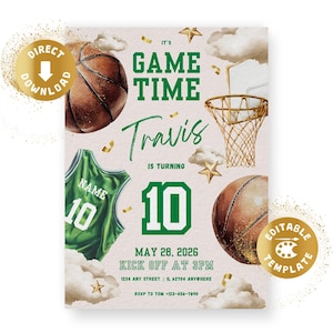 Basketball Birthday Invitation Digital Basketball Game Sports Party American Green Birthday Invite Personalized Canva Template