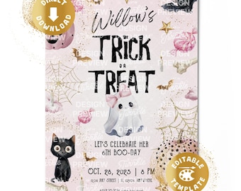 Trick or Treat Birthday Invitation Digital Pink Trick or Treat Halloween Spooky Party Cute Ghosts Gold Girl Personalized Canva Template
