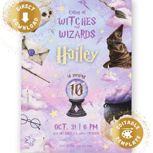 May include: A fantasy-themed invitation with the text "Calling all Witches and Wizards" and the name "Hailey". The design includes an owl, a witch's hat, a crystal ball with the number 10, and other magical elements. The date and time are also included.