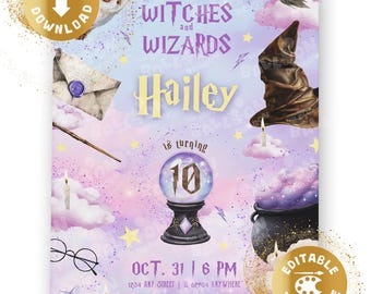 以下が含まれることがあります： 「Calling all Witches and Wizards」のテキストと「Hailey」の名前が入ったファンタジーをテーマにした招待状。フクロウ、魔女の帽子、数字10のクリスタルボール、その他の魔法の要素が含まれています。日付と時間も含まれています。