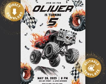 Monster truck birthday invitation digital hot monstertruck rally car off-road wheels pick-up birthday invite boy personalized canva template