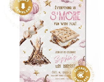 S'mores Birthday Invitation Digital Campfire Smore Fun Invite Backyard Marshmallow Camping Autumn Camp Woodland Personalized Canva Template