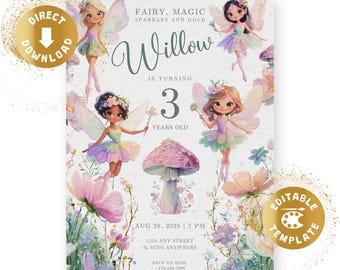 May include: A birthday invitation card featuring four illustrated fairies with iridescent wings, a large pink mushroom, and floral accents. Text reads: FAIRY, MAGIC SPARKLES AND GOLD, Willow IS TURNING 3 YEARS OLD, AUG 28, 2025 | 7 PM, 1234 ANY STREET, IL 62704 ANYWHERE, RSVP TO MOM, 123-456-7890.