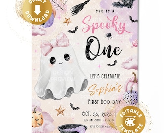 Spooky One Halloween 1st Birthday Invitation Digital Spooky First Birthday Invite Pink Cute Ghosts Orange Girl Personalized Canva Template