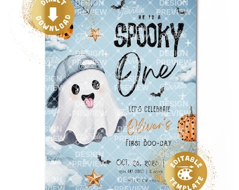 Spooky One 1st Birthday Invitation Digital Halloween Spooky First Birthday Invite Blue Cute Ghosts Orange Boys Personalized Canva Template