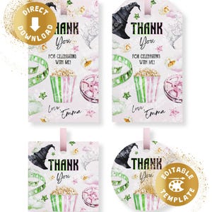 Witch Movie Thank You Tag Digital Wizard Label Movie Party Magical Movie Musical Cinema Gift Tag Pink Green Personalized Canva Template